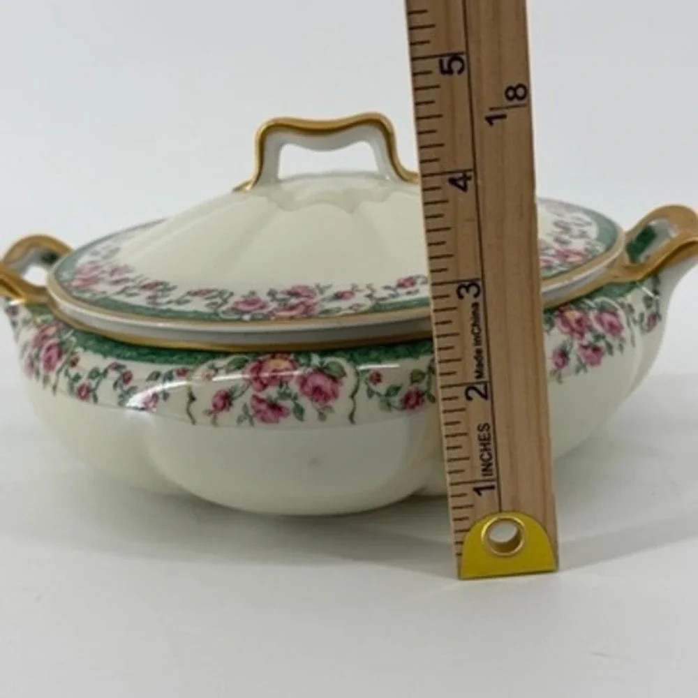 Haviland Limoges France Covered Vegetable Dish Pink Roses Green Gold 34520
